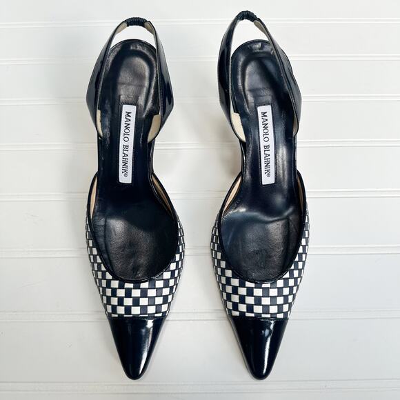 Manolo Blahnik Carolyne Black Herringbone Slingback Heels Patent Cap Toe 36.5 - Picture 1 of 10